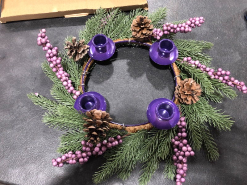 Photo 2 of [Safety Fire Retardant] Christmas Purple Advent Wreath Decoration, Realistic Spruce Christmas Centerpiece with 4 Candle Holder Pinecone 6 Berry Advent Decor for Table Holiday Home Church (No Candles)