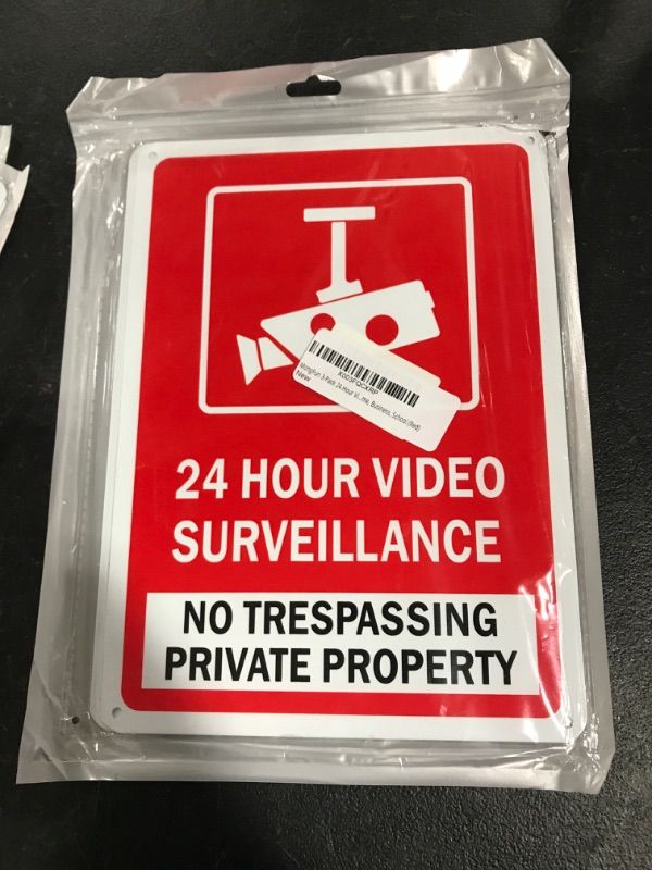 Photo 2 of MongFun 3-Pack 24 Hour Video Surveillance Sign, No Trespassing Private Property Aluminum Signs, 10" x 7" Security Camera Warning for CCTV, Home, Business, School (Red)