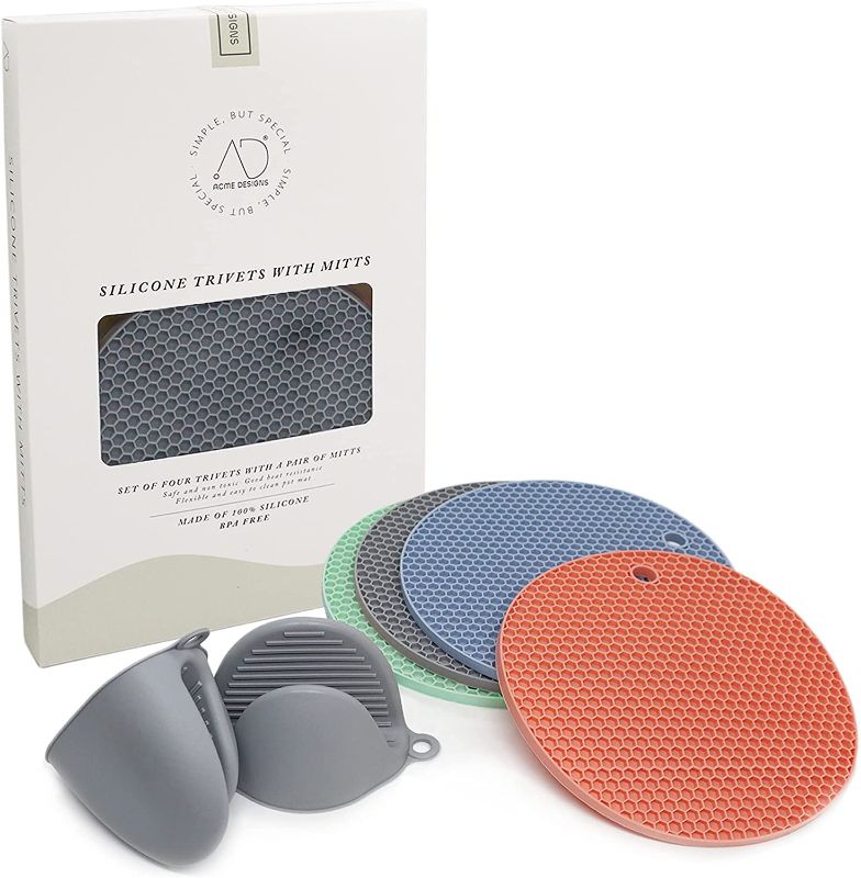 Photo 1 of AD Silicone Trivet Mat Kitchen Tool Set: Easy to Wash & Dry Multi- Purposed Drying Hot Pads, Heat Resistance Pot Holders that are Non Slip, Flexible, Dishwasher Safe (2 Mitts + 4 Circle (Multi Color))
