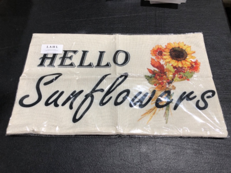Photo 1 of "HELLO SUNFLOWERS" DECORATIVE THROW PILLOW COVER. 