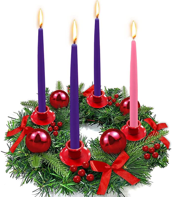 Photo 1 of [ Safety Fire Retardant ] Red Christmas Advent Wreath Decoration 4 Advent Candle Holder 4 Ribbon Bows Balls Berries Stems Realistic Feel Christmas Decor Centerpiece Church Home Holiday(No Candles)
