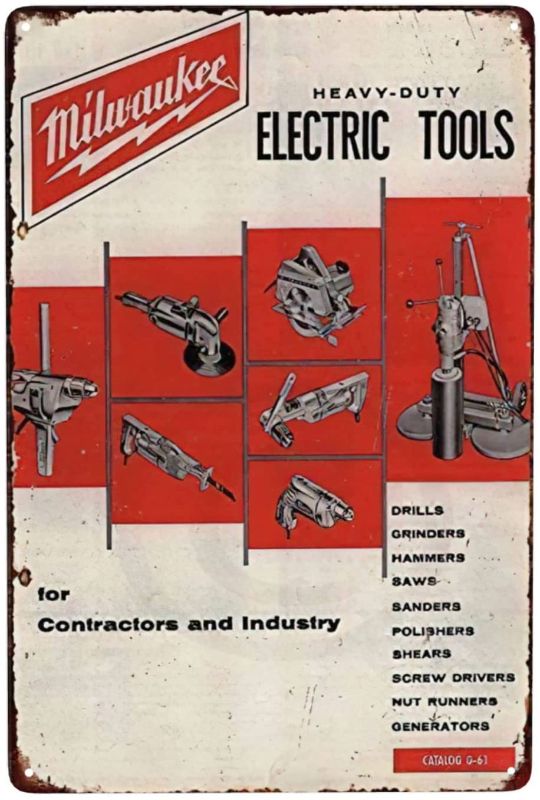 Photo 1 of 3DART Vintage Tin Sign Milwaukee Electric Power Tools Workshop Ad Wall Art Reproduction Decor Metal Sign 8 X 12 Inch, White
