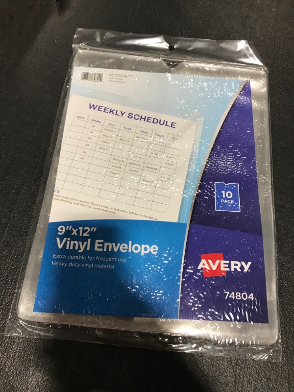 Photo 2 of Avery 74804 Top-Load Clear Vinyl Envelopes w/Thumb Notch, 9” x 12”, Clear (Pack of 10) Vinyl Envelope 9x12 Clear 10 Covers