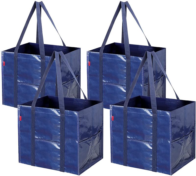Photo 1 of YOOFAN Reusable Grocery Bags – Heavy Duty Shopping Bag for Groceries, Utility Multipurpose Tote, Shopping Cart Bag with Long Handles, Blue, 4 Pack
