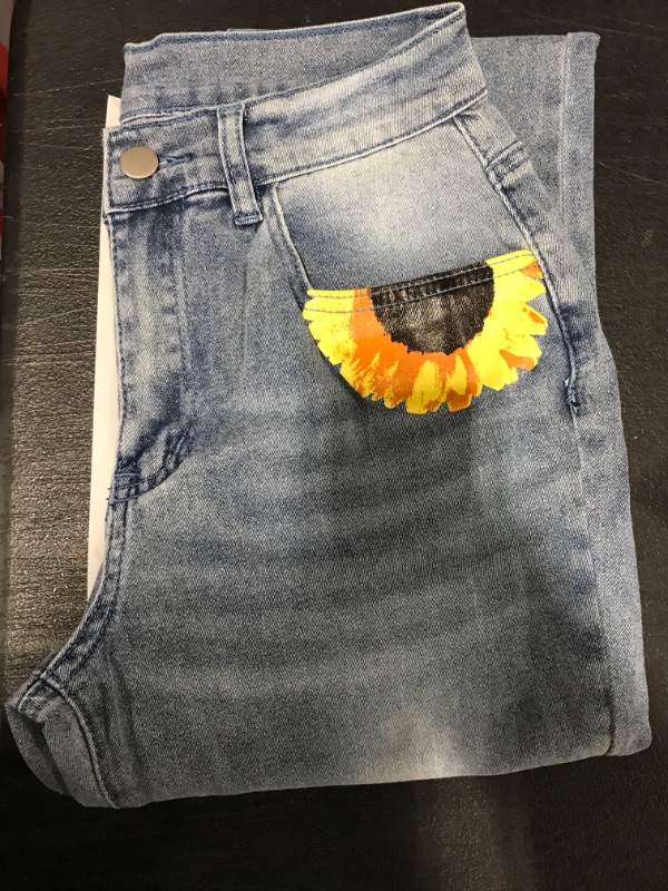 Photo 2 of [Size S] HOBIBEAR Bell Bottom Jeans for Women Low Waisted Flare Jeans with Classic Wide Leg Denim Pants Small Light Blue Sunflower