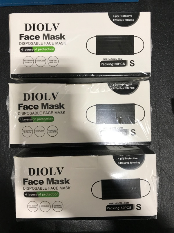 Photo 2 of [3 Boxes] - Size Small- DIOLV Kids Disposable Face Masks 4-Layer Breathable Masks 50 Pcs -Black