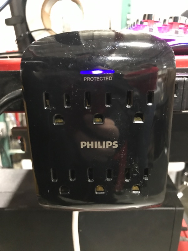 Photo 1 of Philips 6-Outlet Extender Surge Protector, 900 Joules, 3-Prong, Space Saving Design, Protection Indicator LED Light, 4 Pack, Black, 
