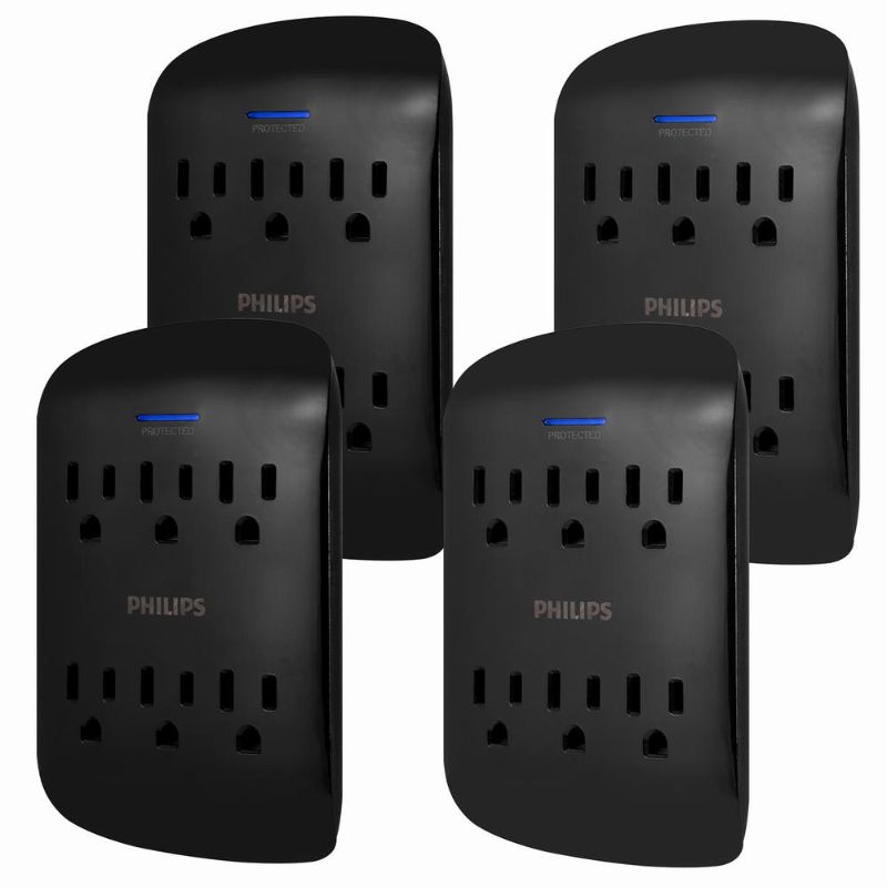 Photo 1 of Philips 6-Outlet Extender Surge Protector, 900 Joules, 3-Prong, Space Saving Design, Protection Indicator LED Light, 4 Pack, Black, 