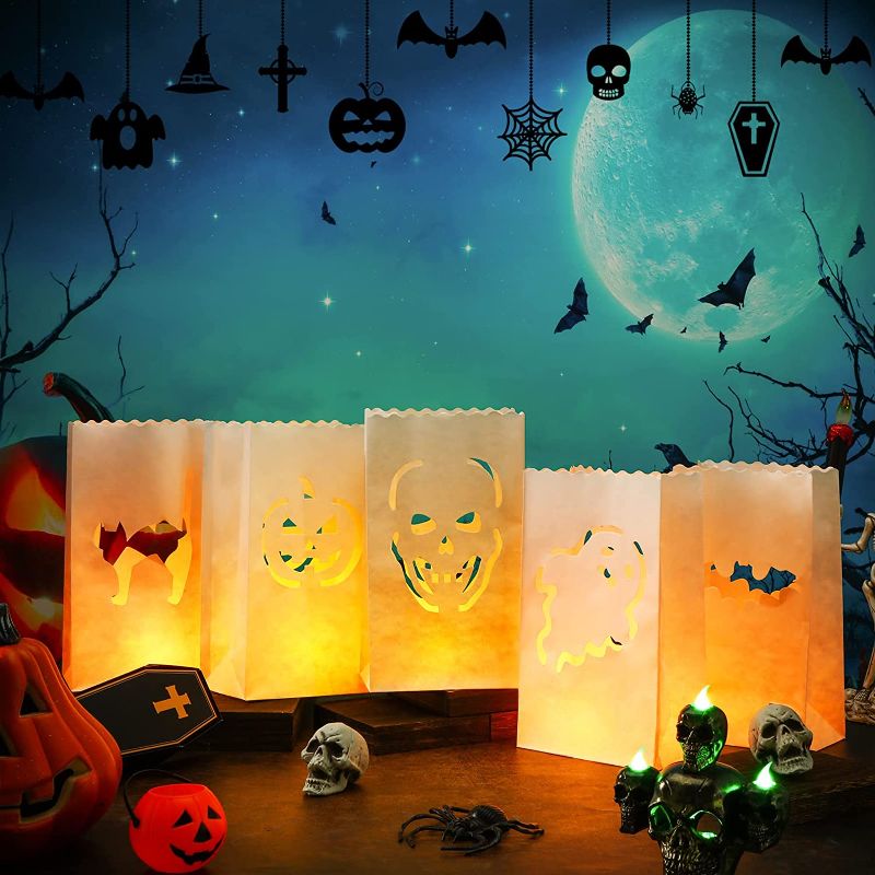Photo 1 of 50 Pcs Halloween Luminary Silhouette Bags Paper Bags Flame Resistant Jack O Lantern Bag Candle Bags with 5 Designs for Tea Lights and Candles Outdoor Party Home Decoration, 10.24 x 5.91 x 3.54 Inches 