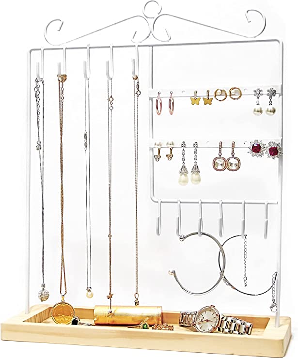 Photo 1 of 5-tier Jewelry Organizer Stand With Wooden Tray, 20 Earring Holes, 11 Hooks for Necklaces & Bracelets, Storage for Rings, Watches & Cosmetics, Gift for Her, White
