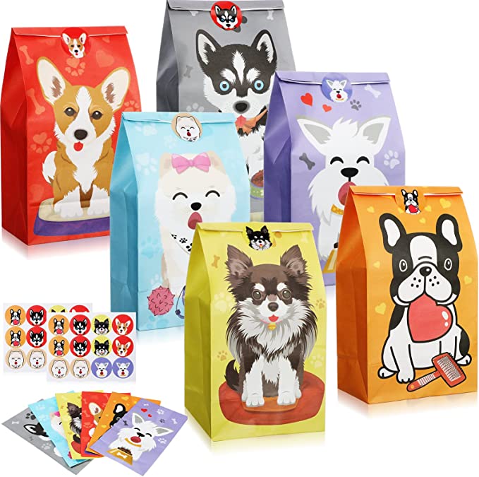 Photo 1 of 30 Pieces Puppy Party Gift Bags Puppy Candy Bags Dog Treat Bags with Handle Dog Gift Bag Dog Party Favor Goody Bags with Dog Theme Stickers for Boys Girls Dog Party Favor Goody Bags