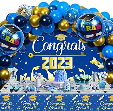 Photo 1 of 2023 Graduation Party Decorations,Class of 2023 Congrats Grad Party Supplies with Grad Backdrop,Tablecloth,Latex Balloons and Grad Foil Balloons for Prom Graduation Party Supplies (Blue Gold)
