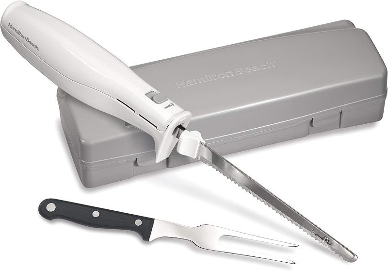 Photo 1 of Hamilton Beach Electric Knife for Carving Meats, Poultry, Bread, Crafting Foam & More, with Reciprocating Serrated Stainless Steel Blades, Ergonomic Design Storage Case + Fork Included, White
