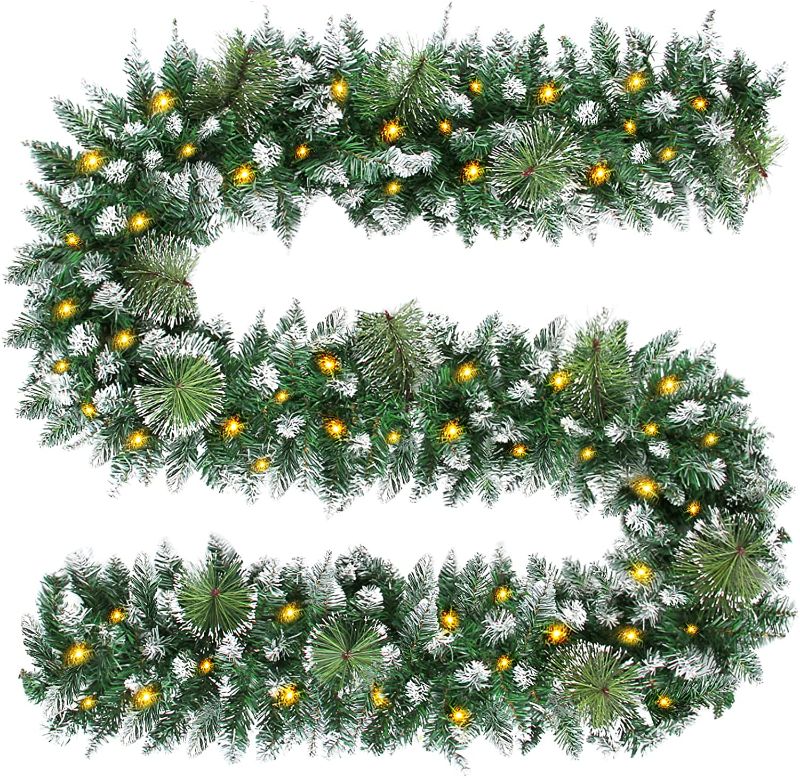 Photo 1 of 9FT Christmas Garland with 100 Lights & Timer - Prelit Garland Artificial Xmas Garland Indoor Outdoor, No Pine Garland without Red Berries for Christmas Holiday Decorations Wreath Mantle Wedding Party