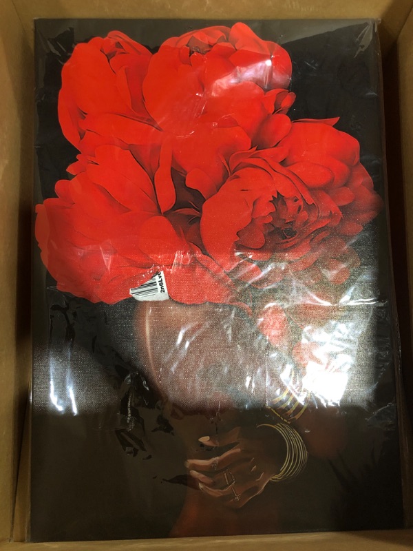 Photo 2 of African American Wall Art Red Flower on Black Women Head Vintage Canvas Art Paintings Modern Abstract Girl Picture Home Wall Decor for Bedroom Living Room, Framed Ready to Hang (Red, 16x24inch) Red 16x24inch