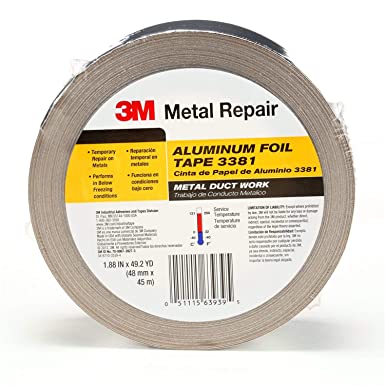 Photo 1 of 3M Aluminum Foil Tape 3381, 1.88 in x 50 yd, 2.7 mil, Silver, HVAC, Sealing and Patching, Moisture Barrier, Cold Weather, Air Ducts, Foam Sheathing Boards, Insulation, Metal Repair
