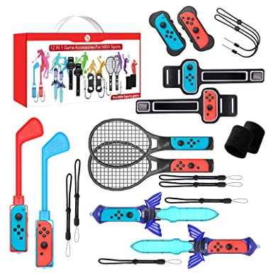 Photo 1 of 2023 Switch Sports Accessories Bundle - 12 in 1 Family Accessories Kit for Nintendo Switch Sports Games:Tennis Rackets,Sword Grips,Golf Clubs,Wrist Dance Bands & Leg Strap,Joy-con Wrist Band, Comfort Grip Case and Carrying Case (12in1)
