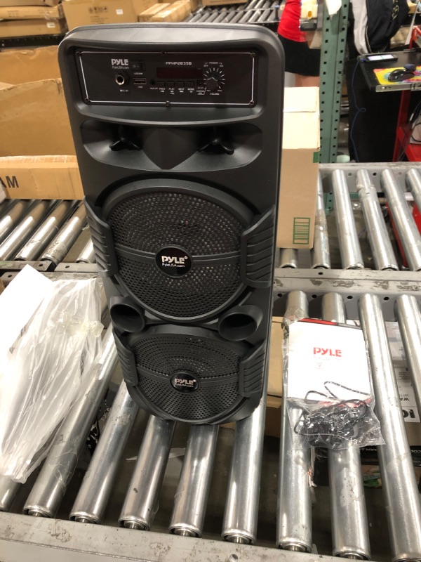 Photo 2 of Pyle Portable Bluetooth PA Speaker System - 600W Rechargeable Outdoor Bluetooth Speaker Portable PA System w/ Dual 8” Subwoofer 1” Tweeter, Microphone In, Party Lights, USB, Radio, Remote - PPHP2835B