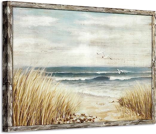 Photo 1 of Abstract Seaside Wooden Wall Art: Coastal Hand-Painted with Gold Foil Artwork Framed for Living Room (45''W x 30''H, Multi-Sized) 