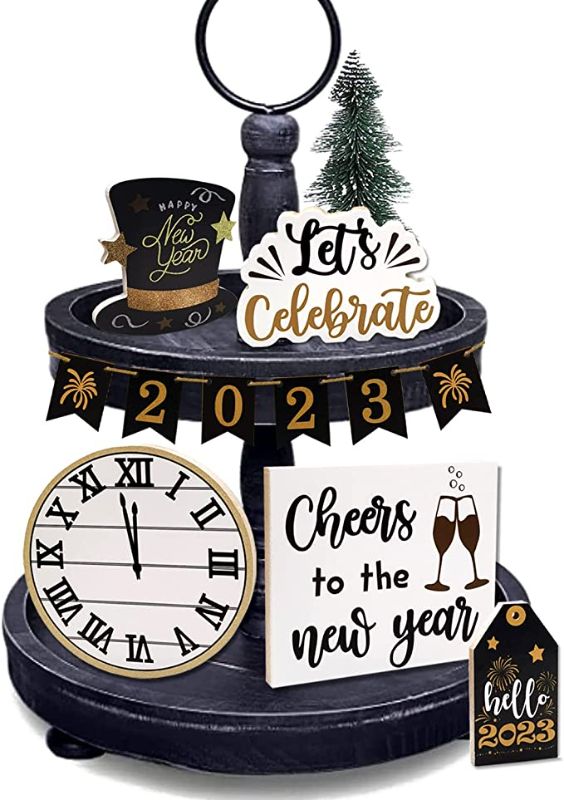 Photo 1 of 11 Pieces Happy New Year Tiered Tray Decor 2023 Years Eve Decorations Happy 2023 Wooden Signs Cheers to the New Year Wood Tabletop Decor for New Year 2023 Winter Home Party House Decorations