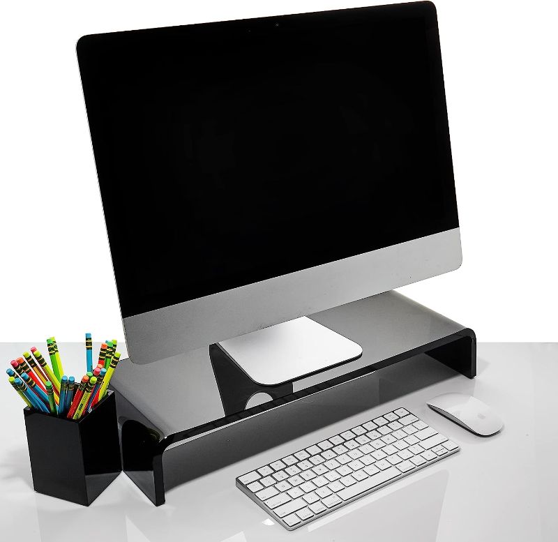 Photo 1 of Acrylic Monitor Stand with Matching Pen Holder, 12mm Thick Clear Acrylic Monitor Riser, Laptop Stand for Home, Office, and Work. Computer Desk Riser with Keyboard Storage for LCD LED TV Screen (Black)