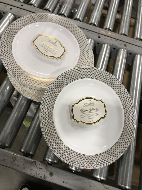 Photo 1 of  OCCASIONS " 40 pcs Chargers pack Wedding Party 12'' Disposable Plastic Charger Plates/Chargers (Celebration White & Gold)