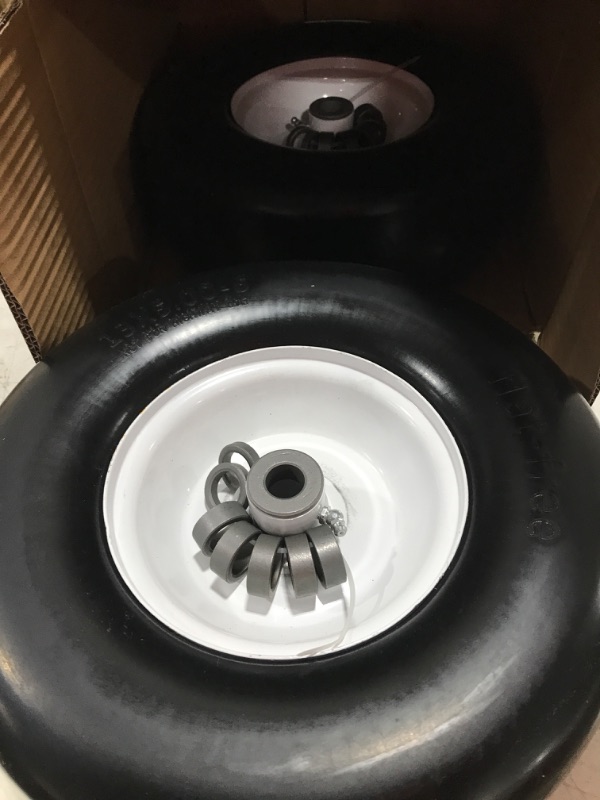 Photo 2 of 2 PCS Upgrade 13x5.00-6" Flat Free Lawn Mower Smooth Tire, Commercial Grade Lawn and Garden Mower Turf Replacement Solid Tire and Wheel with Steel Rim, 3/4" Grease Bushing and 3.25"-5.9" Centered Hub