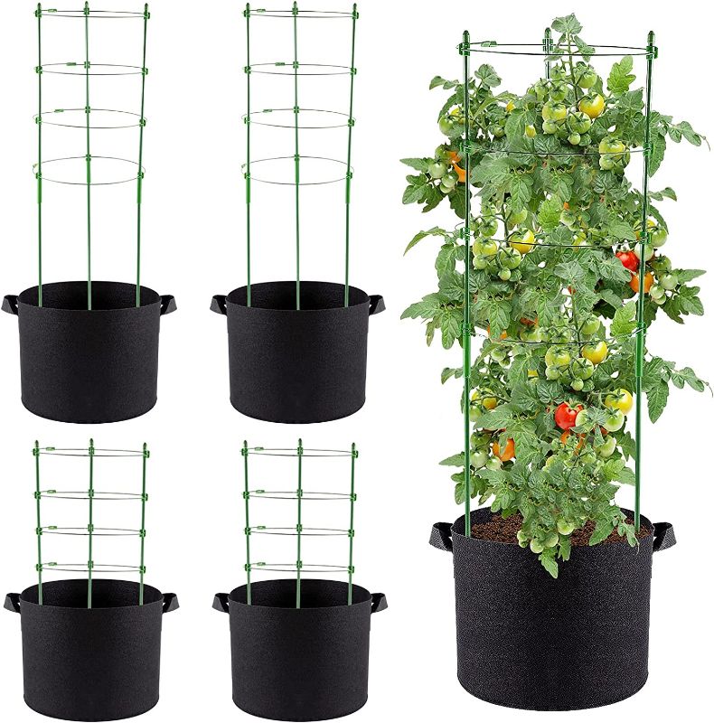 Photo 1 of 4-Pack Plant Support Cages with 5-Gallon Sturdy Grow Bags - 34.5" Tomato Cages for Garden with 4 Adjustable Rings, Flowers Vegetable Trellis for Vertical Climbing Plants Vines
