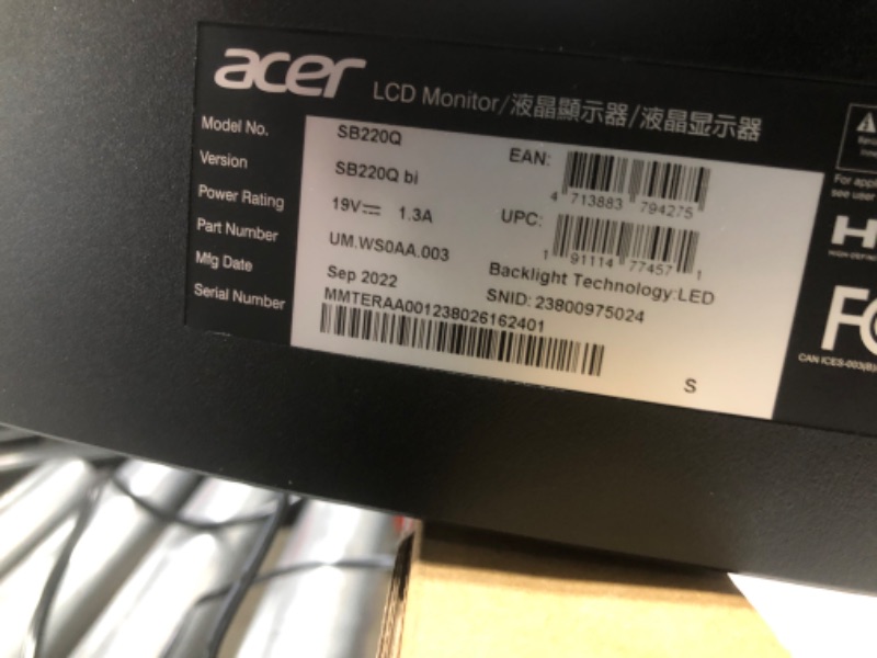 Photo 4 of Acer 21.5 Inch Full HD (1920 x 1080) IPS Ultra-Thin Zero Frame Computer Monitor (HDMI & VGA Port), SB220Q bi