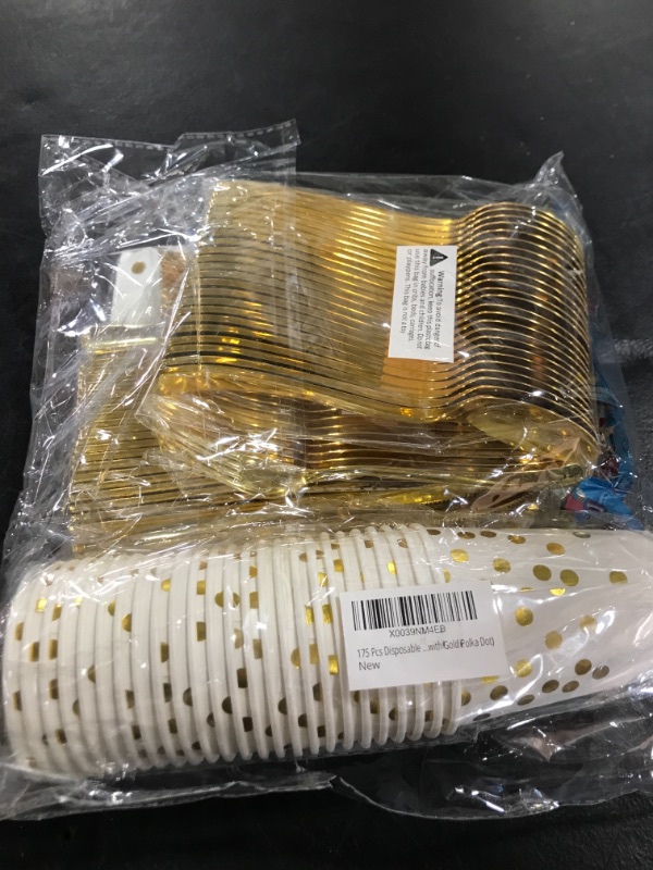 Photo 2 of 175 Pcs Disposable Tableware Serves 25 Guests Disposable Party Dinnerware, Include 25 Dinner Plates, 25 Dessert Plates, 25 Forks, 25 Knives, 25 Spoons, 25 Cups, 25 Napkins (White with Gold Polka Dot) https://a.co/d/7NNHKX8