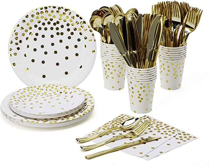 Photo 1 of 175 Pcs Disposable Tableware Serves 25 Guests Disposable Party Dinnerware, Include 25 Dinner Plates, 25 Dessert Plates, 25 Forks, 25 Knives, 25 Spoons, 25 Cups, 25 Napkins (White with Gold Polka Dot) https://a.co/d/7NNHKX8