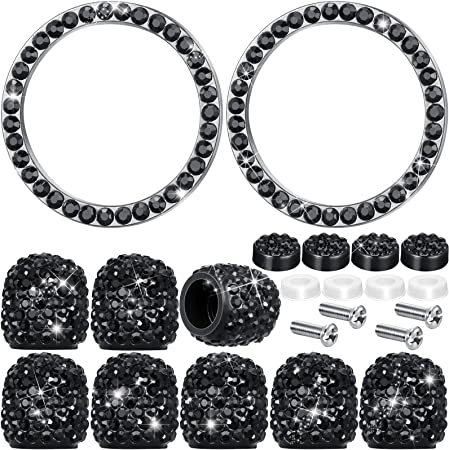 Photo 1 of 12 Pieces Bling Rhinestone Car Accessories Set Includes Bling License Plate Frame, Ring Emblem Sticker, Valve Stem Caps Tire Valve Dust Caps for Auto Car Ornament Decoration (Black)