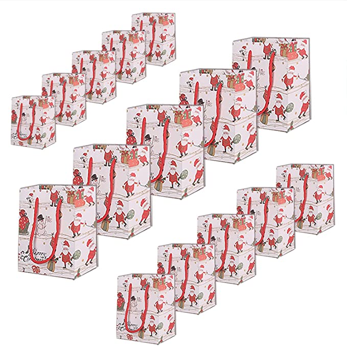 Photo 1 of 15 Pack Christmas Gift Paper Bags Santa Claus Christmas Treat Paper Bags with Red Rope Large Medium Small Assorted Size for Xmas Gift Shopping Party Supplies 