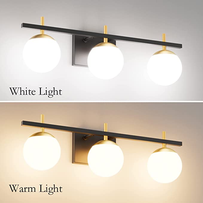 Photo 1 of Ralbay Mid Century Modern Bathroom Vanity Lights 3-Light Milky Glass Modern Bathroom Vanity Lights Over Mirror, Black/Golden Wall Light Fixture for Bathroom (Exclude Bulb)