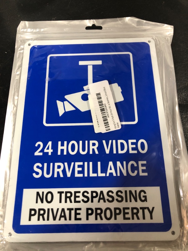 Photo 2 of MongFun 3-Pack 24 Hour Video Surveillance Sign, No Trespassing Private Property Aluminum Signs, 10" x 7" Security Camera Warning for CCTV, Home, Business, School (Blue)