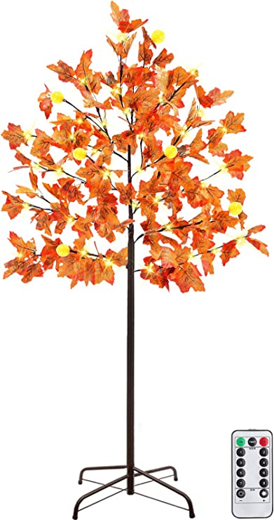 Photo 1 of 5Ft Lighted Thanksgiving Decor Maple Tree, Fall Decorations with 72LED 144 Maple Leaves 6 & Pumpkins & Timer 8 Flashing Mode Remote Control Artificial Tree Fall Home Indoor Outdoor Autumn Decor