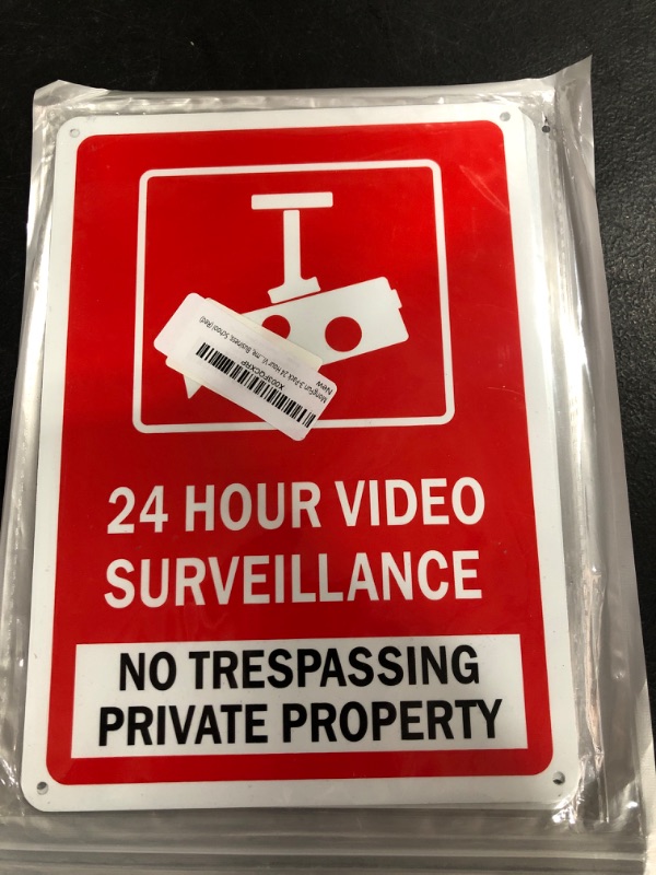 Photo 2 of MongFun 3-Pack 24 Hour Video Surveillance Sign, No Trespassing Private Property Aluminum Signs, 10" x 7" Security Camera Warning for CCTV, Home, Business, School (Red)