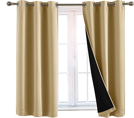 Photo 1 of 100% Blackout Window Curtains: Room Darkening Thermal Window Treatment with Light Blocking Black Liner for Bedroom, Nursery and Day Sleep - 2 Pack of Drapes, Sandstone (54” Drop x 42” Wide Each) 