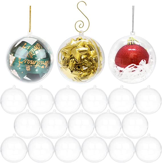 Photo 1 of 20 Pcs 3.2" Round Clear Fillable Christmas Ornaments Ball Decoration Baubles for Christmas Tree Craft Gifts Wedding Party Decor, Includes Hooks, Gold and Silver String for Easy Hanging 