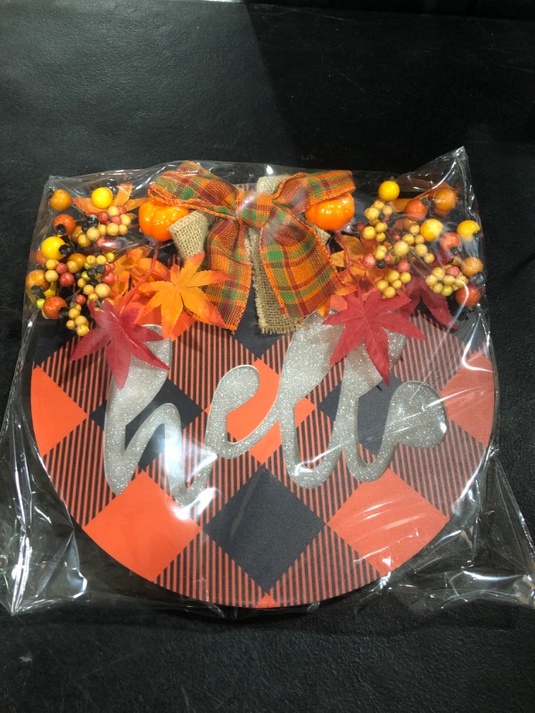 Photo 1 of [ Lighted & Timer ] Thanksgiving Wreath for Front Door Fall Decor Hello Sign Maple Leaves Pumpkin Berry Buffalo Plaid Battery Operated Wooden Sign Autumn Thanksgiving Decorations Indoor Outdoor Home