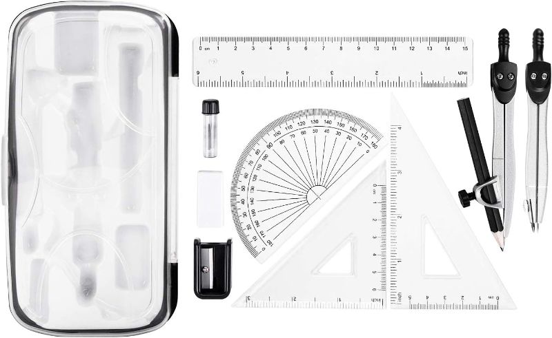 Photo 1 of Amazon Basics 10-Piece Math Kit - Includes Compasses, Graphite, Eraser, Sharpener, Protractor, Triangles, Ruler, and Carrying Box 