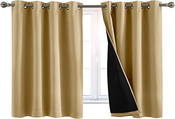 Photo 1 of 100% Blackout Window Curtains: Room Darkening Thermal Window Treatment with Light Blocking Black Liner for Bedroom, Nursery and Day Sleep - 2 Pack of Drapes, Sandstone (45” Drop x 52” Wide Each)
