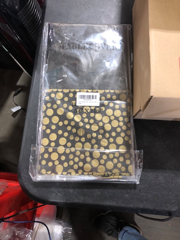 Photo 1 of 5 Pcs Disposable Plastic Tablecloth 54 x 108 Inch Waterproof Rectangle PVC Tablecloth Table Cover for Party Birthday Wedding Event Christmas Banquet (Black/Gold Polka Dot, 54 x 108 Inch) 54 x 108 Inch Black/Gold Polka Dot