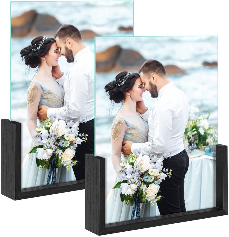 Photo 1 of 8x10 Picture Frame 2 Pack, Black Rustic Wooden Photo Frames with Wood Base and High Definition Glass Covers, U Shaped Double Sided Frame for Tabletop or Desktop Display 