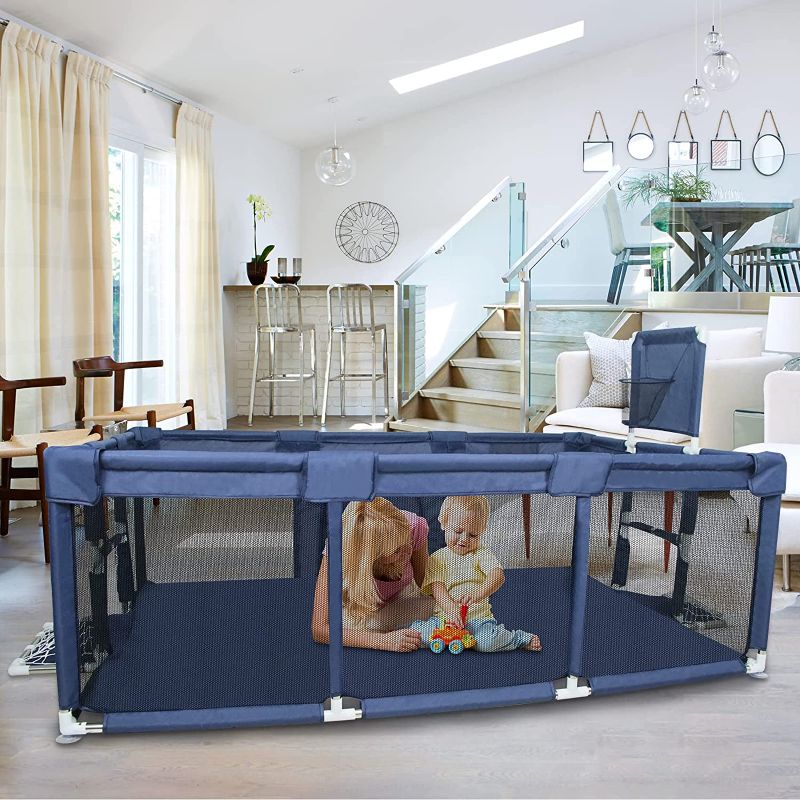 Photo 1 of Baby Playpen, Baby Ball Pit with Gate, Safe No Gaps Kids Play Pen Activity Center Play Area w/ Breathable Mesh, Non-Slip Suckers, Dark Blue(No Ocean Balls)
