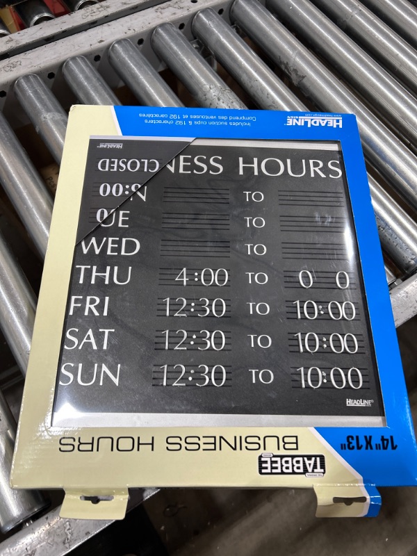 Photo 2 of Headline Sign - Century Series, Business Hours Sign with 176 1/4"-Characters, Suction Cups for Hanging, 14x13 Inch, Black and Silver (4247)