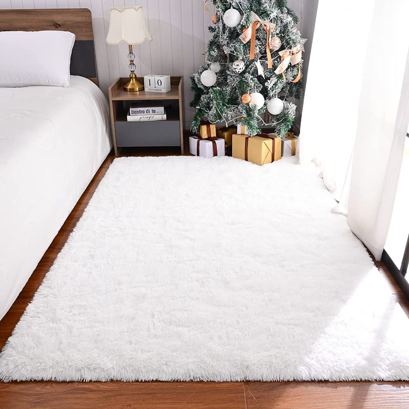 Photo 1 of  Fluffy Shag Bedroom Rug, 4x6 Feet White Area Rugs for Living Room Nursery Bedside, Fuzzy Plush Dorm Rug for Girls Kids, Furry Carpet for Indoor Modern Soft Home Decor