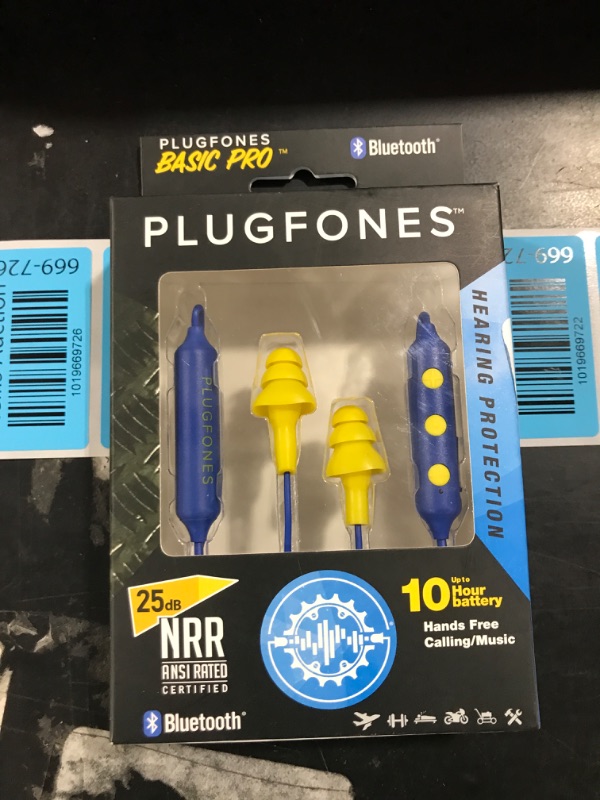 Photo 2 of Plugfones Basic Pro Wireless Bluetooth in-Ear Earplug Earbuds - Noise Reduction Headphones with Noise Isolating Mic and Controls (Blue & Yellow) Blue, Yellow