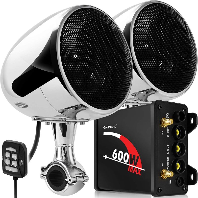 Photo 1 of GoHawk TN4 2.1 Channel 600W Amplifier 4" Full Range Waterproof Bluetooth Motorcycle Stereo 2 Speakers Audio System AUX FM Radio for 1 to 1.25 in. Handlebar Harley Yamaha ATV, Chrome
