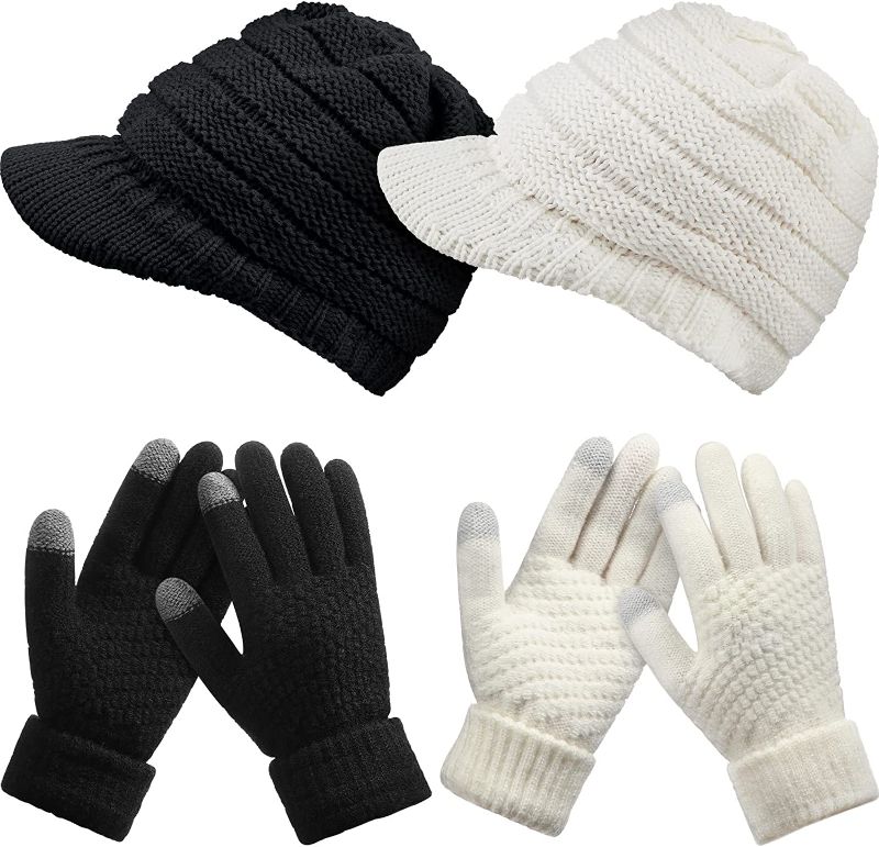 Photo 1 of 2 Sets Winter Hats Gloves for Women Knit Beanie Slouchy Women Winter Brim Hat Women Touchscreen Glove Winter Beanie with Brim
